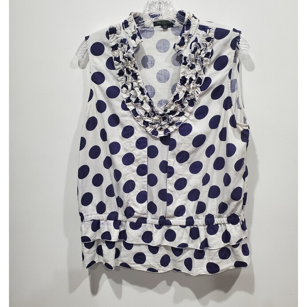 Vintage For Cynthia Sleeveless Linen Blend Ruffled Polka Dot Top, PXL